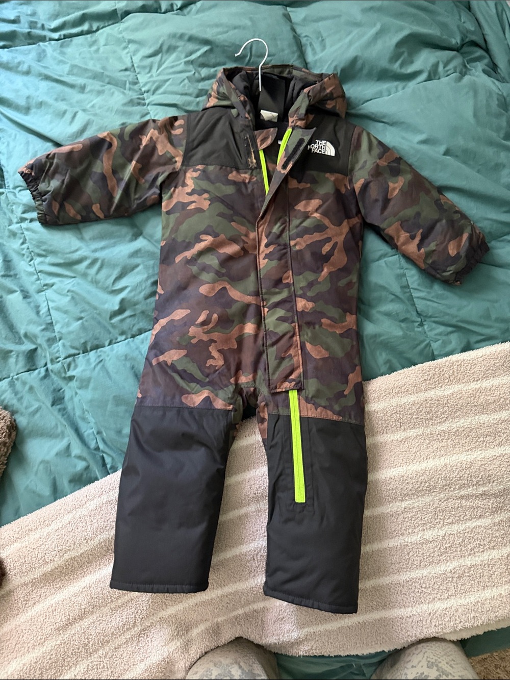 The North Face Kids Camo One-Piece Snowsuit with Neon Green Zipper